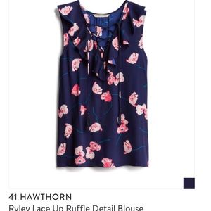 Navy blue and pink floral Ryley Lace up blouse